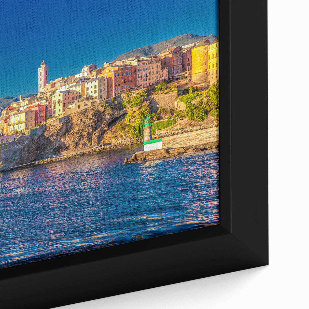 Black wall art featuring a textured, colorful Corsican landscape on a large framed canvas, suitable for living room decor.