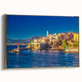 Framed canvas featuring a vintage-style landscape painting of Corsica in a gold frame, ideal for bedroom decor.