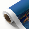 Art deco poster of a serene Corsican landscape in muted blues and greens on rolled canvas, ideal for nursery wall art.