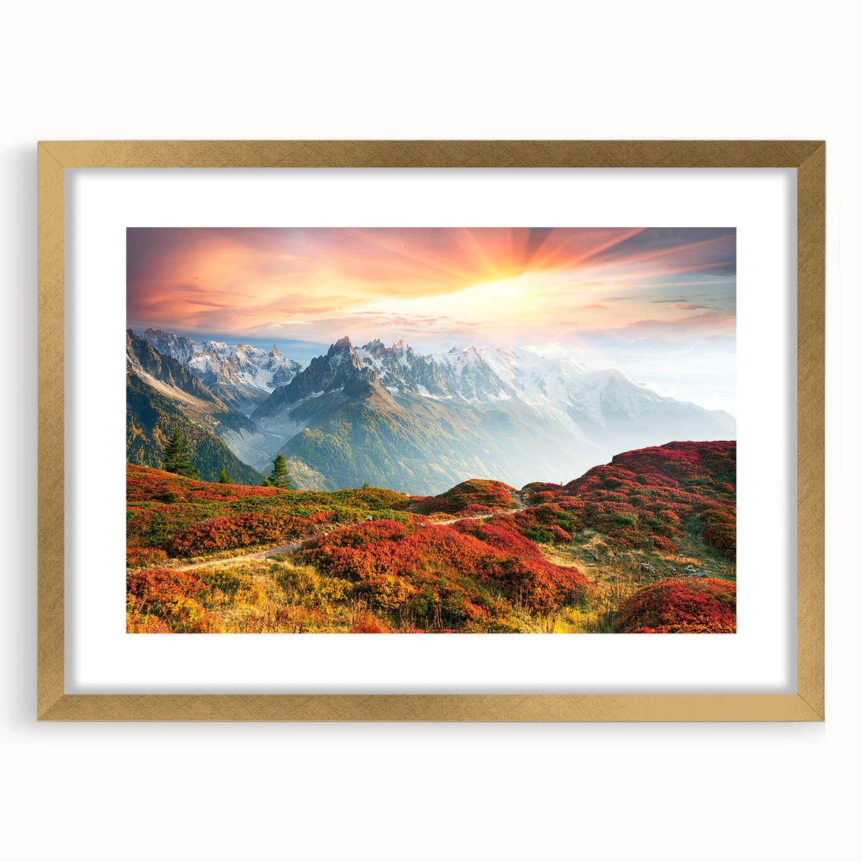 Abstract art print of the French Alps in muted earth tones on a framed canvas, suitable for dining room decor.