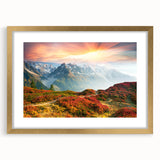 Abstract art print of the French Alps in muted earth tones on a framed canvas, suitable for dining room decor.