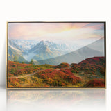 Acrylic print of the French Alps in muted earth tones, framed in gold, suitable as modern art wall decor.