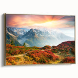 Framed canvas featuring a vintage-style landscape painting of the French Alps in muted gold and black tones.