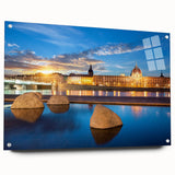 Large abstract wall art depicting the Lyon cityscape in muted blue and gray tones on acrylic glass.