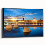 Black and white framed canvas of Lyon landscape in vintage poster style, ideal for bedroom wall art.