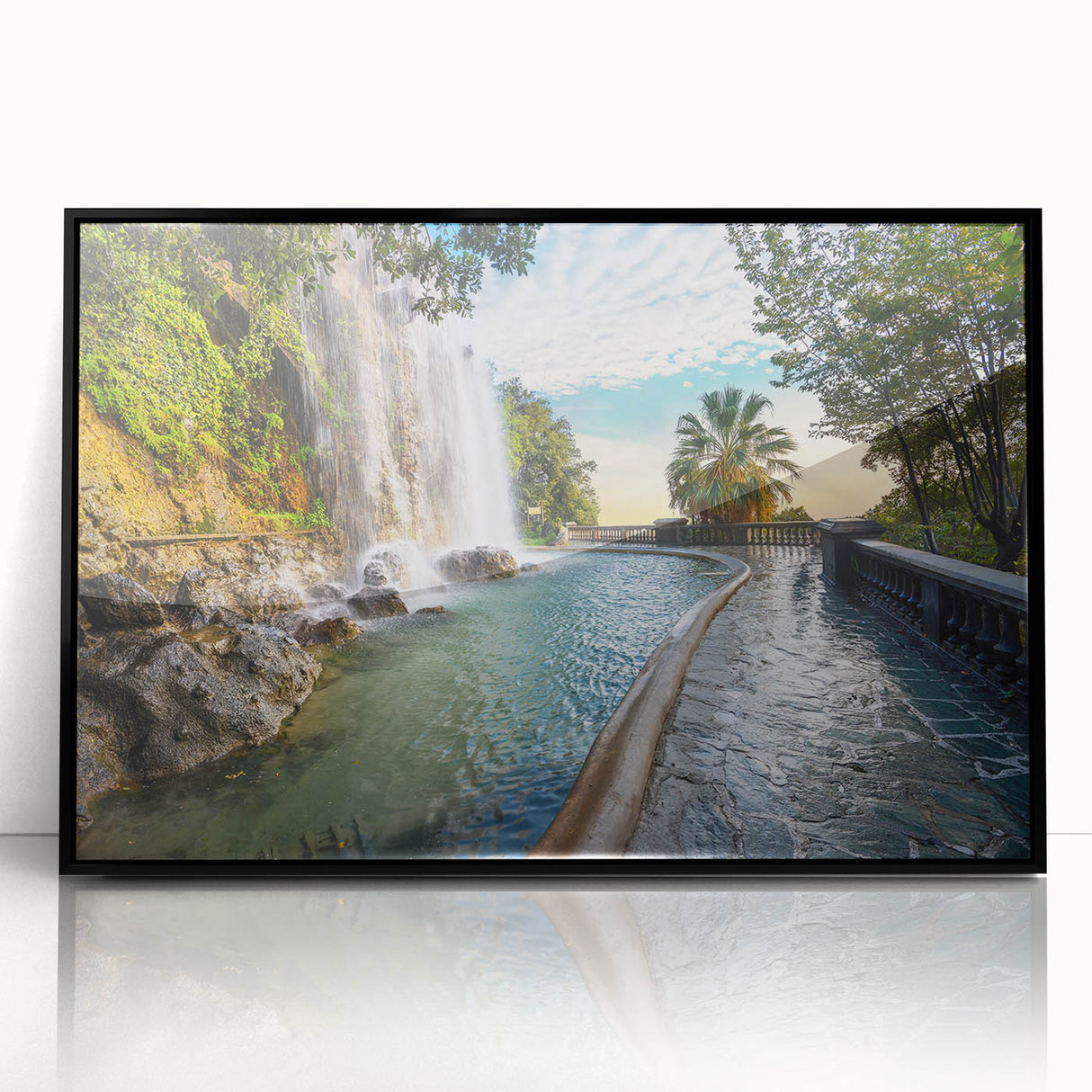 Large abstract wall art depicting a stylized French landscape in muted earth tones, framed in black acrylic.