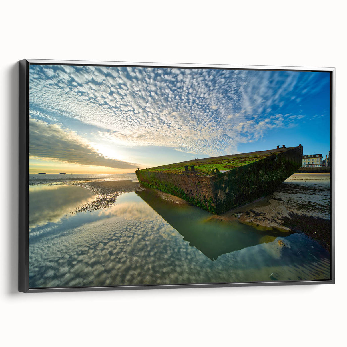 Black and white vintage poster art of Normandy landscape on framed canvas, suitable for bedroom decor.