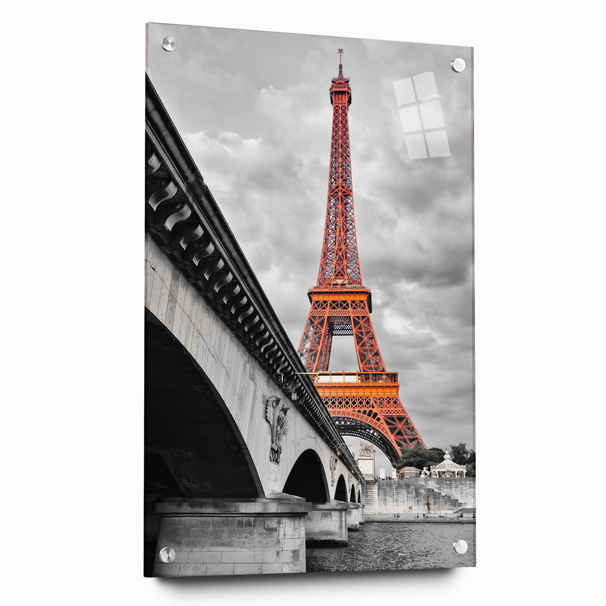 Acrylic print of the Paris skyline in muted gray and blue tones, suitable for bedroom or dining room decor.