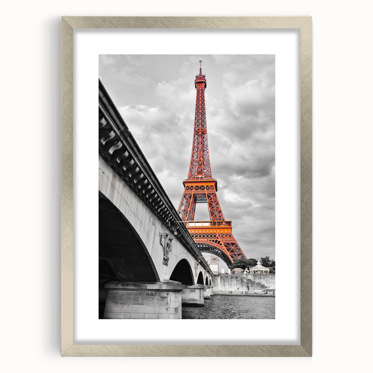 Extra large abstract art print of Paris scenery in muted colors, framed in silver, suitable for living room decor.