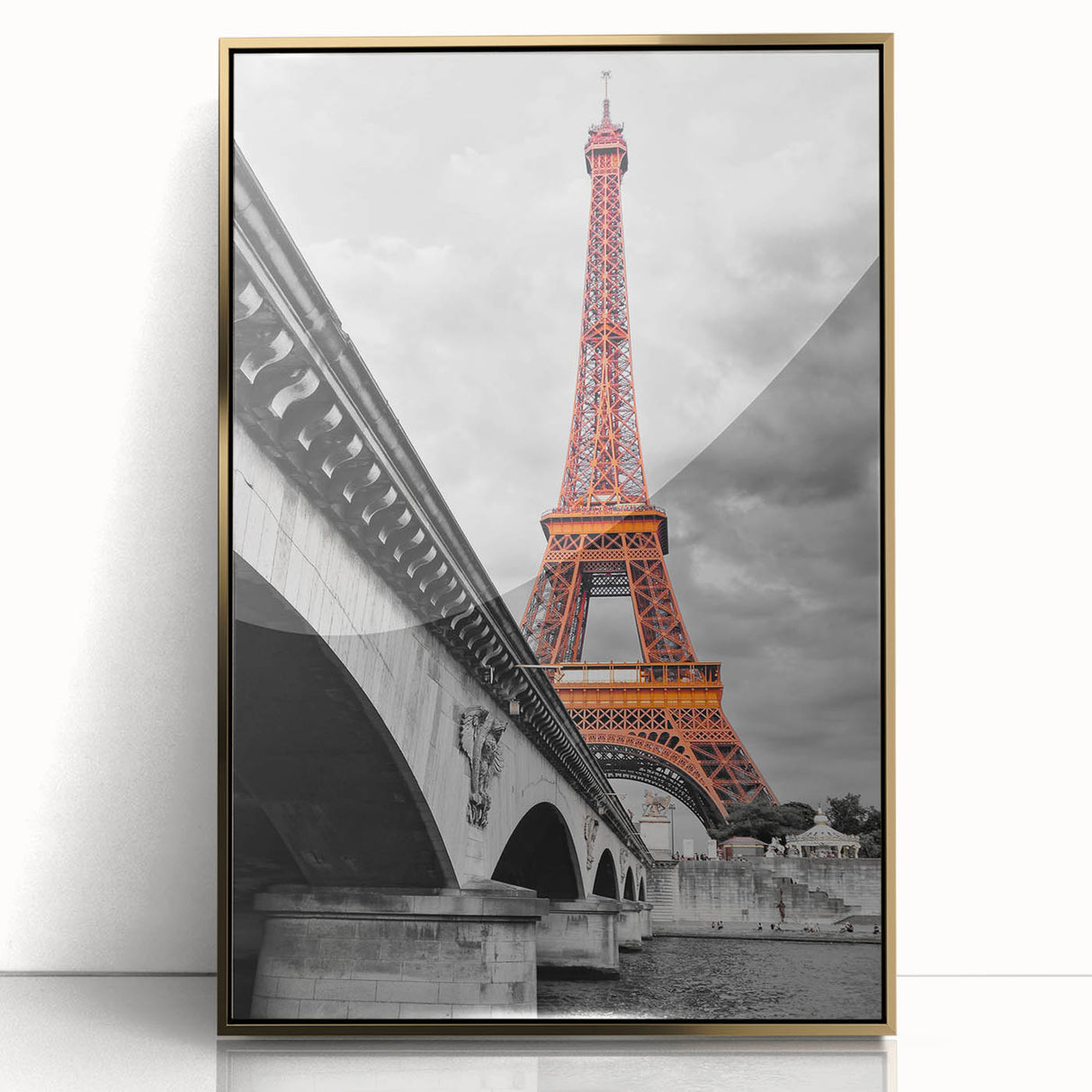 Art Deco poster of Paris scenery with muted gold and blue tones on a framed acrylic, suitable for modern art wall decor.