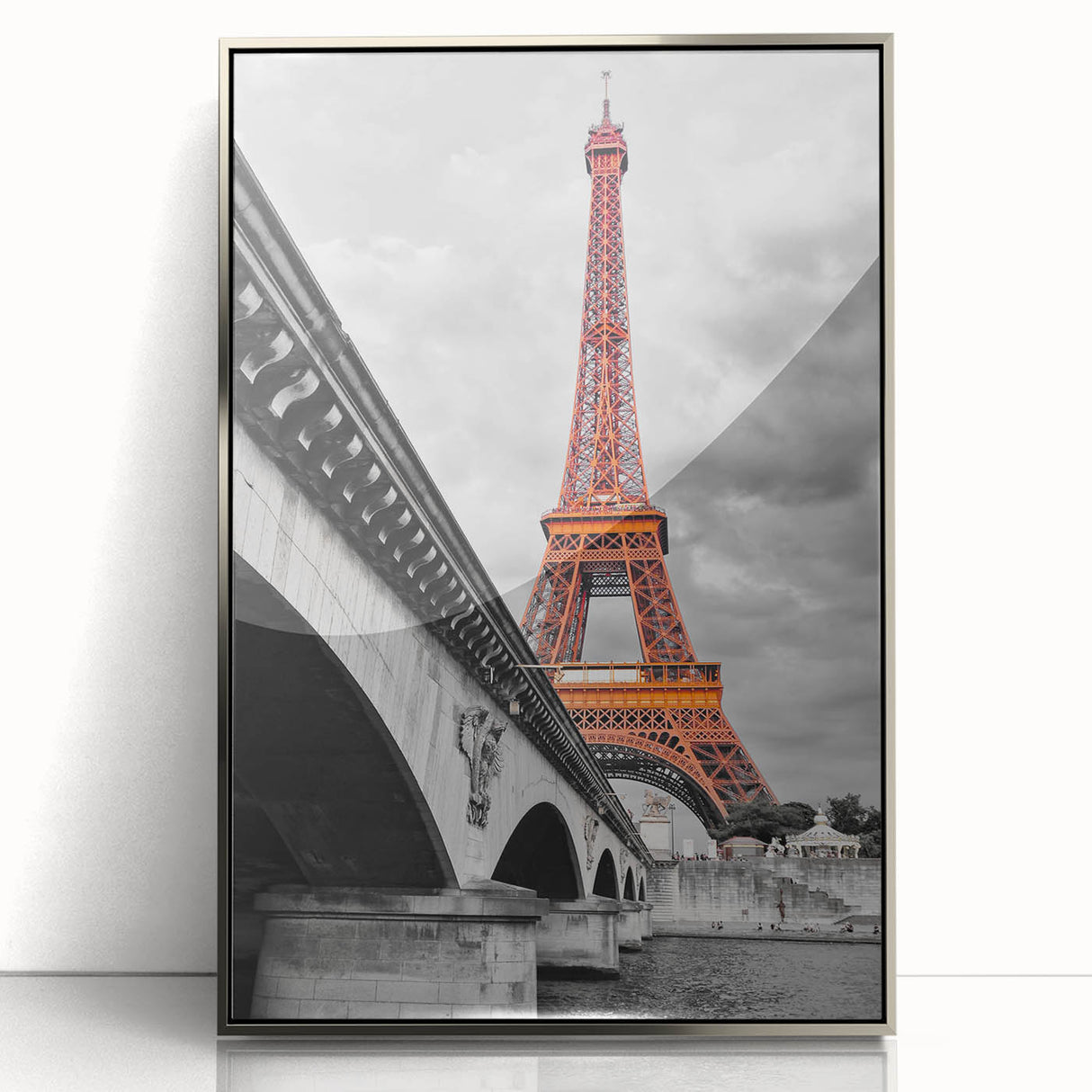 Large art print of the Eiffel Tower in muted gray tones, framed in silver acrylic, suitable for modern art wall decor.