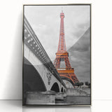 Large art print of the Eiffel Tower in muted gray tones, framed in silver acrylic, suitable for modern art wall decor.