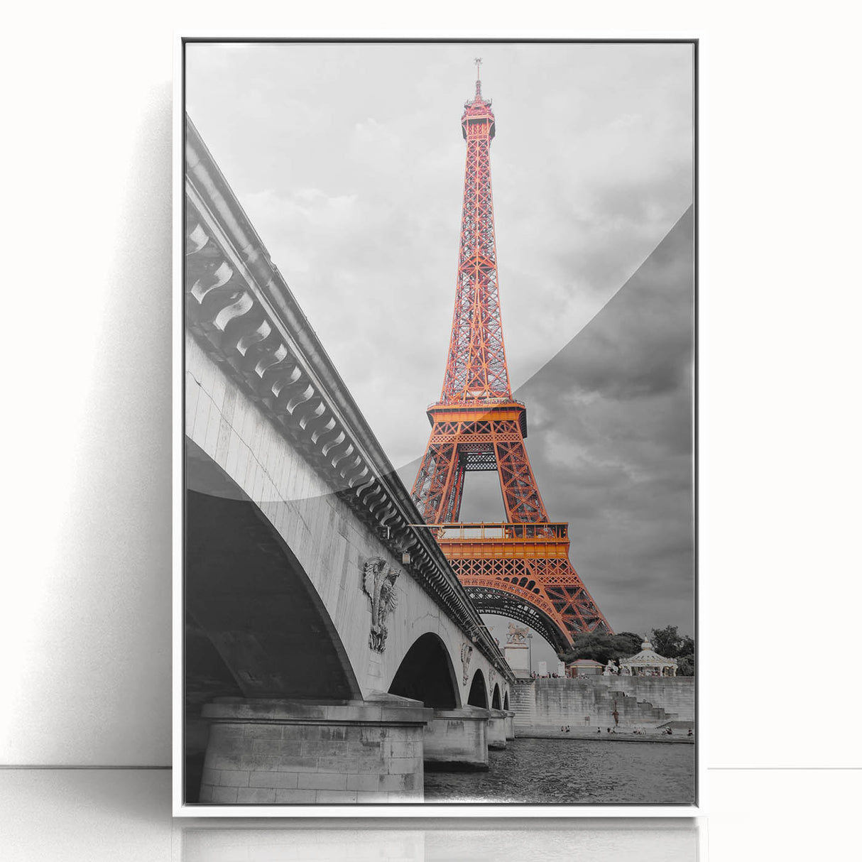 Mid-century modernist art of Paris skyline in muted gray and blue tones on a framed acrylic, ideal for nursery wall art.