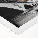 Art deco poster of Paris skyline in muted blue and gray tones on rolled canvas, suitable for dining room wall art.