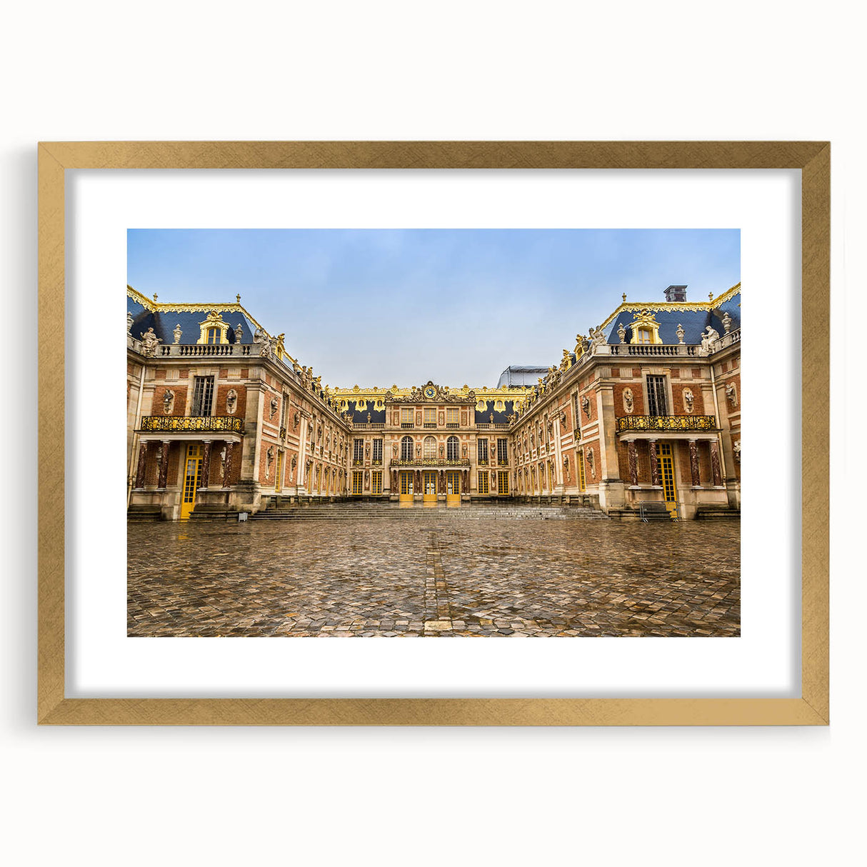 Abstract art print of Versailles scenery in gold frame, subdued earth tones, ideal for dining room decor.