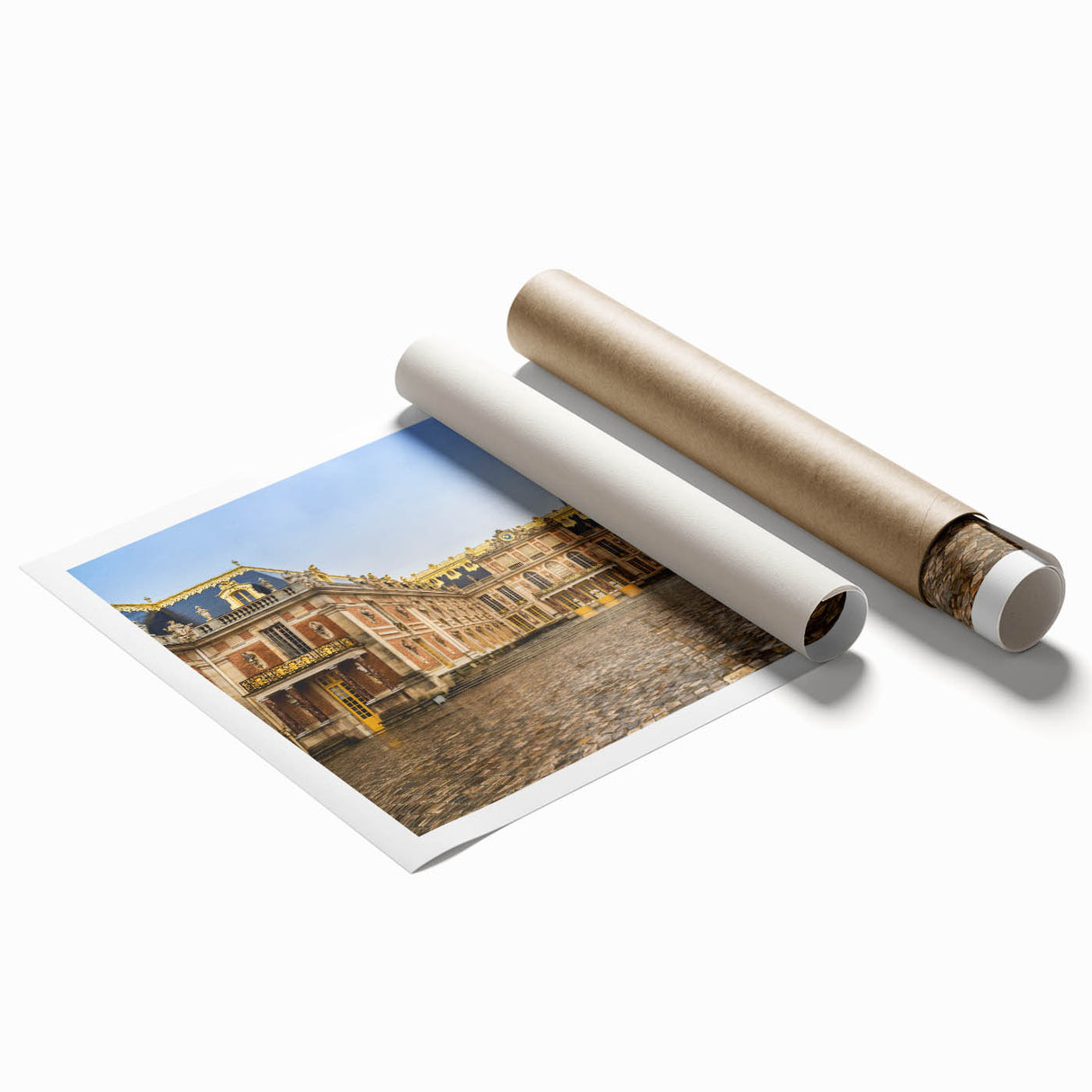 Extra large rolled print of Versailles gardens with lush greenery and pastel flowers, suitable for classy bathroom wall art.