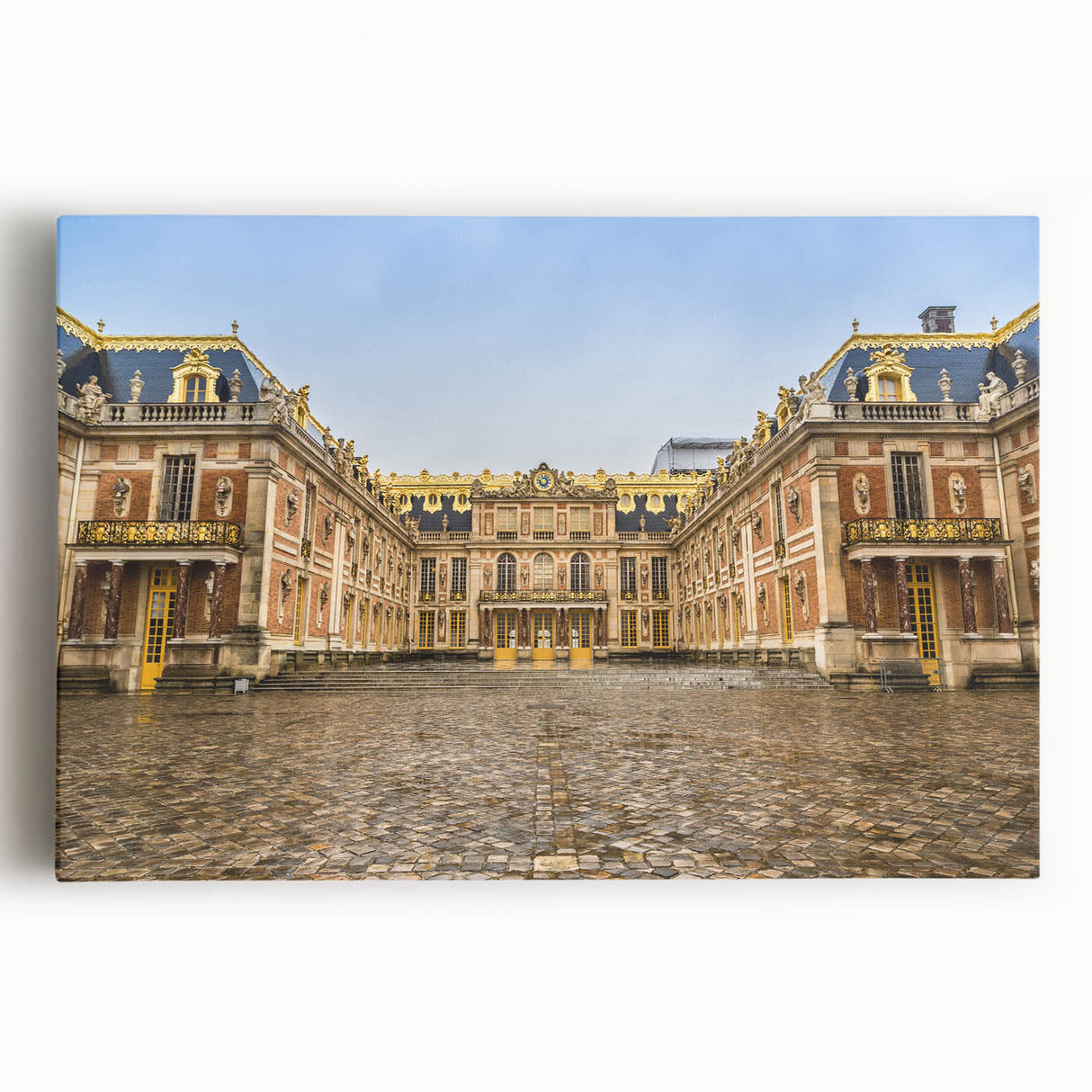 Black and white large art print of the Versailles Palace on stretched canvas, suitable as kitchen wall art or for a bedroom.