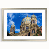 Extra large abstract art print of Berlin scenery in textured silver frame, ideal for living room decor.