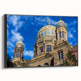Black and white framed canvas of the Berlin skyline in vintage poster style, ideal for bedroom wall art.
