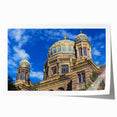 Berlin cityscape in muted gray and blue tones on a rolled canvas, suitable for art wall dining room.