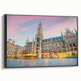 Framed canvas of a black and white vintage poster featuring the Munich skyline, suitable for bedroom decor.