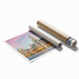 Extra large rolled print of Munich scenery with floral accents in soft colors, ideal for classy bathroom wall art.