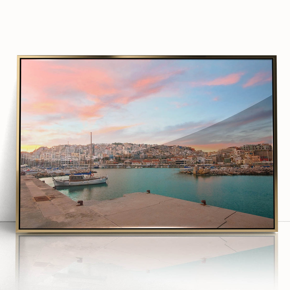 Art deco poster of Athens skyline in gold and white tones on acrylic, ideal for modern art wall decor.