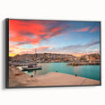 Black and white wall art of Athens landscape on framed canvas, ideal for bedroom decor.
