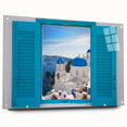 Acrylic print of Santorini landscape in vibrant blue and white, ideal for bedroom or dining room decor.