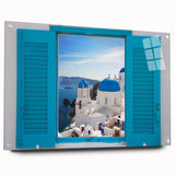 Acrylic print of Santorini landscape in vibrant blue and white, ideal for bedroom or dining room decor.
