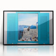 Large abstract wall art of Santorini with blue and white tones, framed in black acrylic, ideal for modern living room decor.