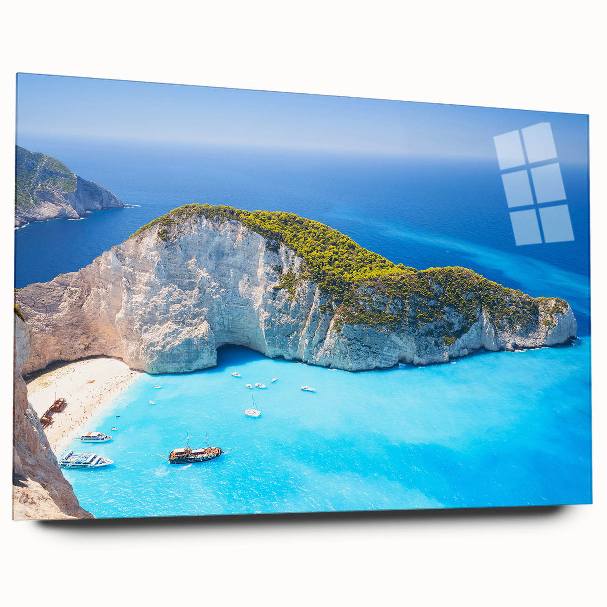 Acrylic print of a large abstract depiction of a Greek landscape in muted earth tones, ideal for bedroom or dining room art.