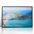 Large abstract wall art depicting a European Greece scenery in muted blue and white tones on framed acrylic.