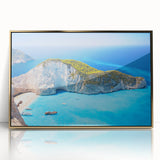 Art deco poster of a European Greek scenery in gold tones on a framed acrylic, ideal for modern art wall decor.