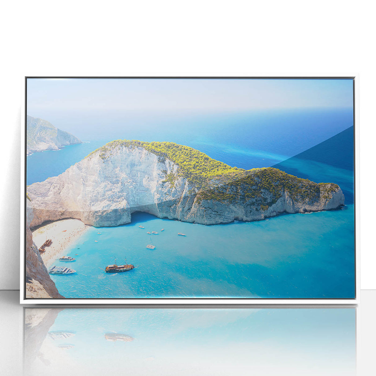 Mid-century modernist art of a Greek landscape with blue and white tones on a framed acrylic, suitable for nursery wall art.