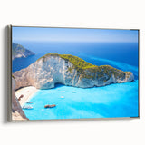 Framed canvas depicting a vintage-style Greek landscape in vibrant colors, ideal for living room decor.
