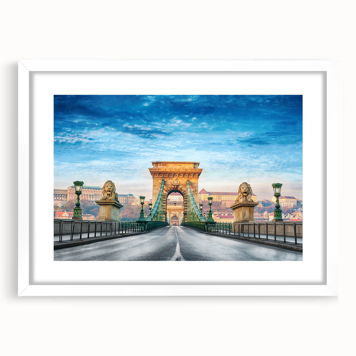 Textured abstract art print of a European scenery in muted earth tones, framed with a white mat, ideal for bedroom art.