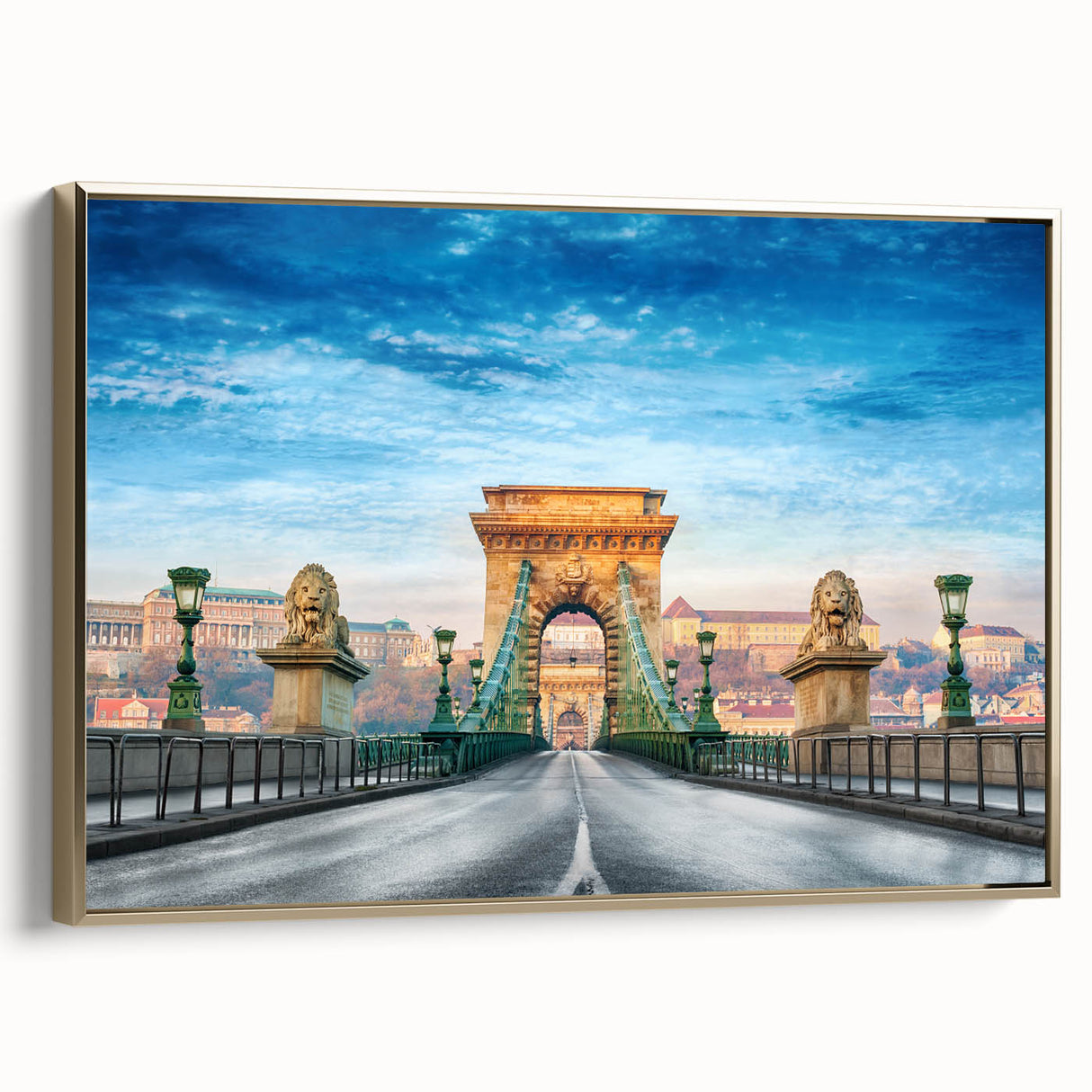 Framed canvas of a vintage-style Hungarian landscape in muted gold and black tones, ideal for bedroom wall art.