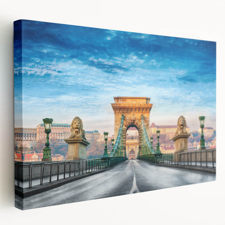 Large art depicting a European scenery in Hungary on stretched canvas, featuring earthy green and blue tones.