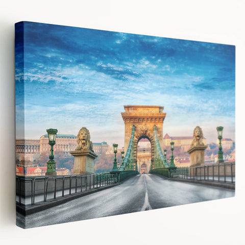 Large art depicting a European scenery in Hungary on stretched canvas, featuring earthy green and blue tones.