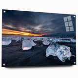 Large abstract wall art depicting a serene Icelandic landscape in muted blue and green tones, acrylic glass format.