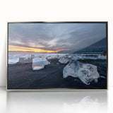 Framed acrylic print of a serene Icelandic landscape in cool blue and gray tones, ideal for modern art wall decor.