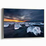 Framed canvas featuring a vintage-style landscape painting of Iceland, with muted earth tones and a black border.