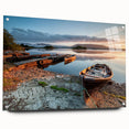 Acrylic print of a serene Irish landscape, featuring green fields under a cloudy sky, ideal for dining room decor.
