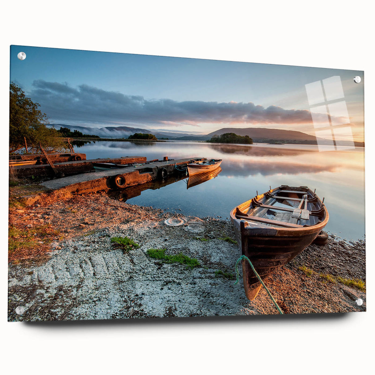 Acrylic print of a serene Irish landscape, featuring green fields under a cloudy sky, ideal for dining room decor.