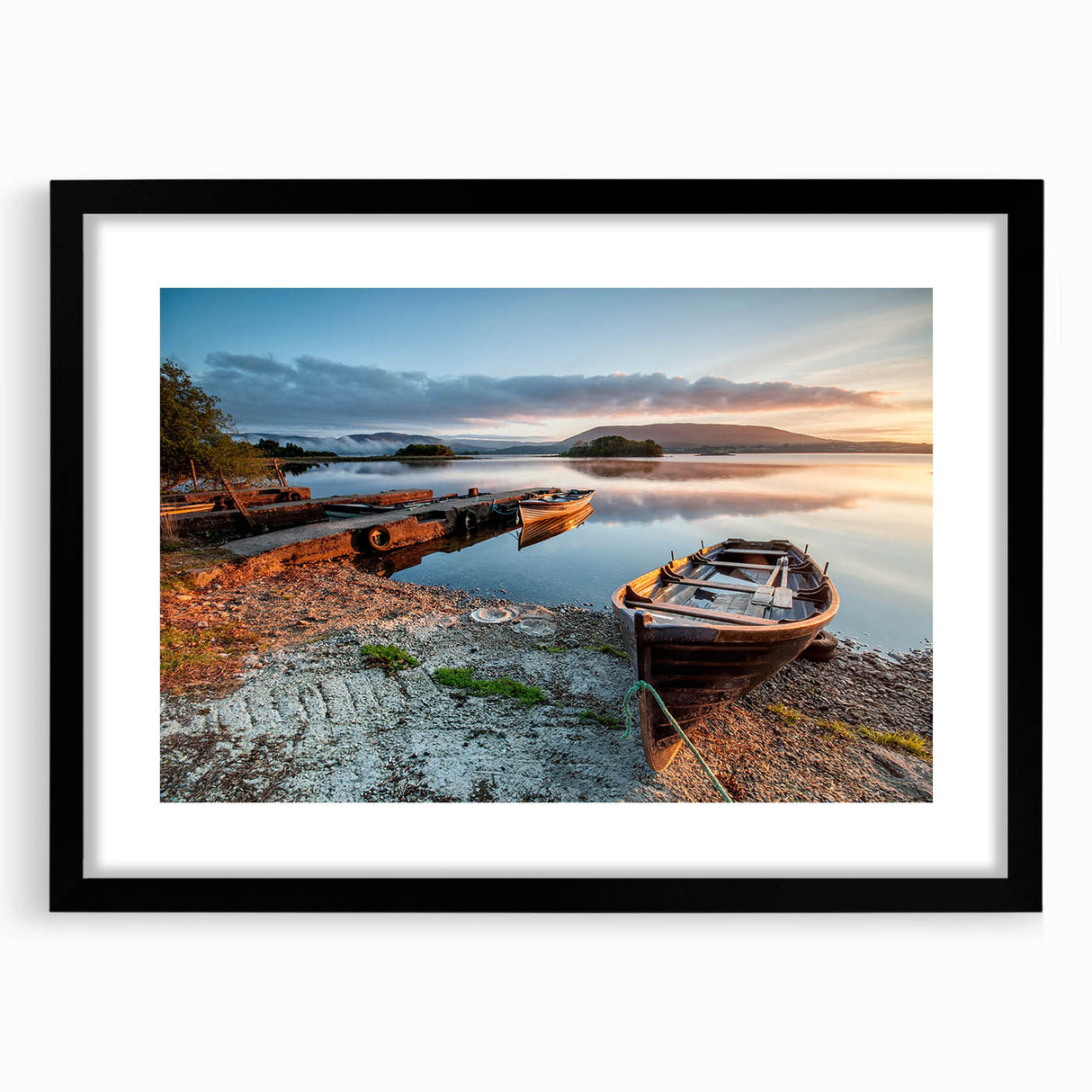 Extra large abstract art print of a colorful, textured Irish landscape on a black framed canvas, ideal for living room decor.