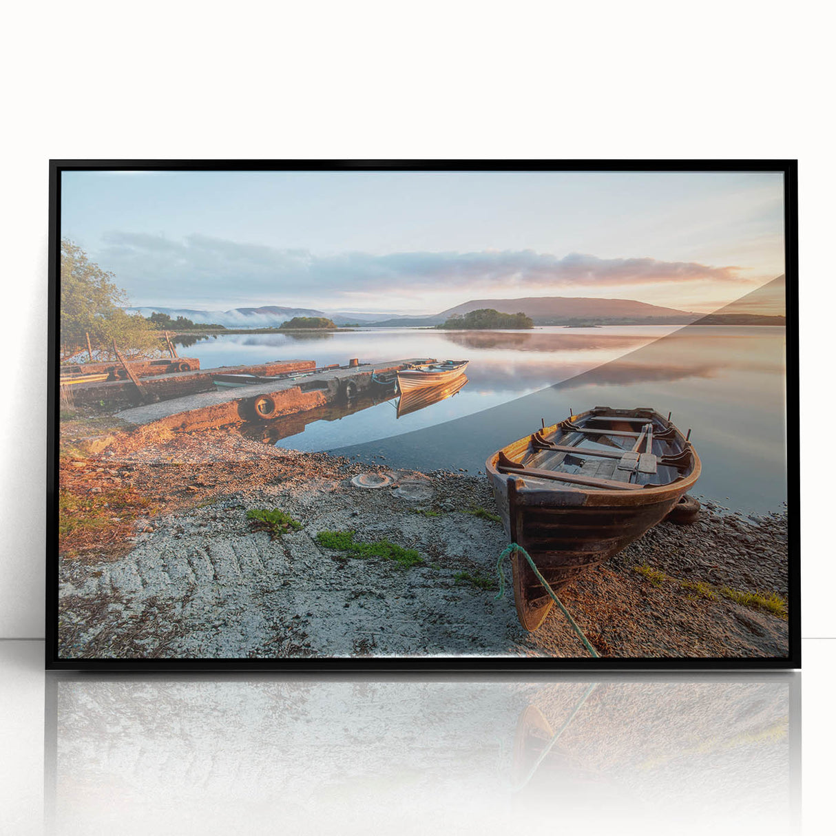 Framed acrylic print of a large abstract depiction of an Irish landscape in muted green and blue tones.