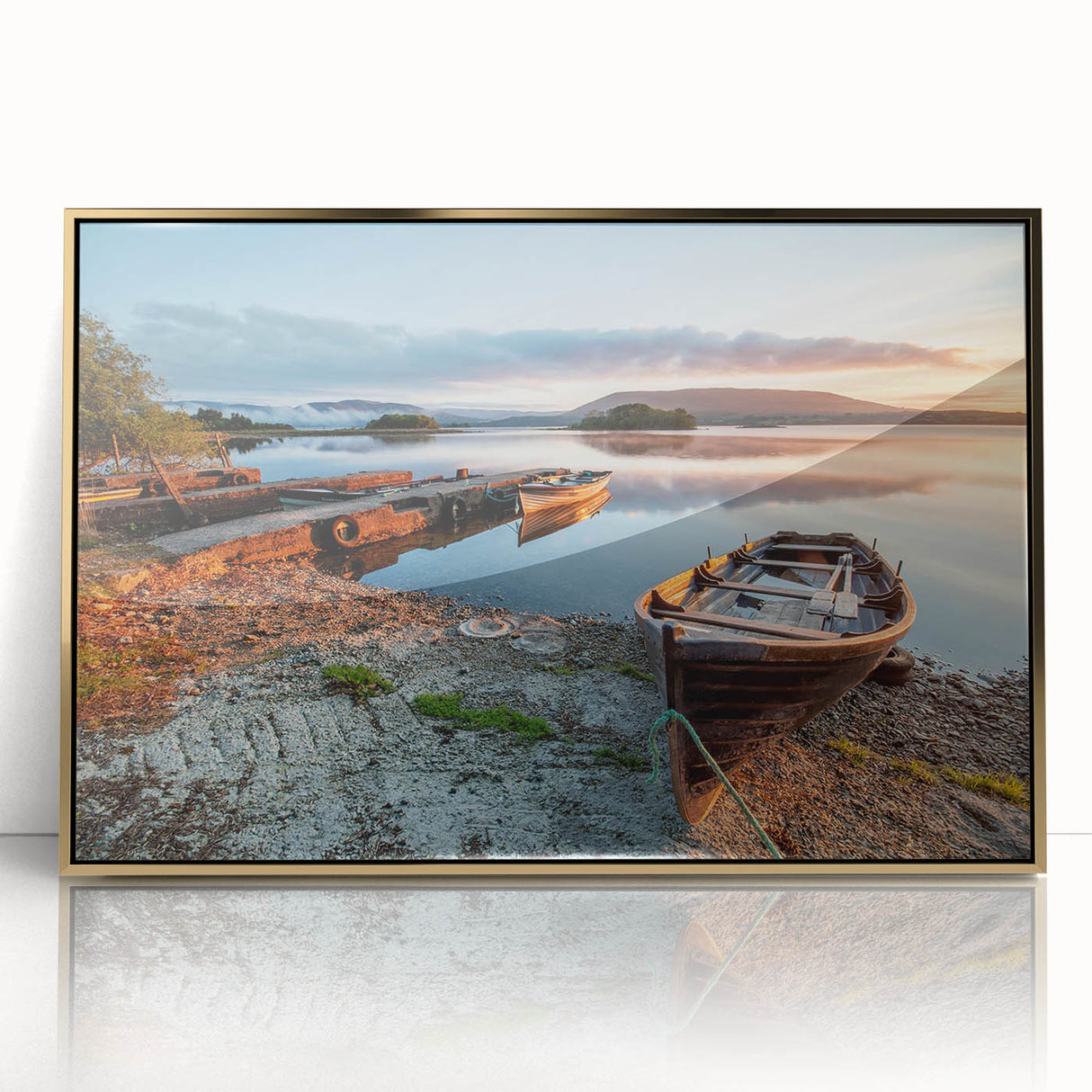 Acrylic print of a serene Irish landscape in soft green and blue tones, framed in gold, suitable for modern art wall decor.