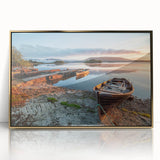 Acrylic print of a serene Irish landscape in soft green and blue tones, framed in gold, suitable for modern art wall decor.