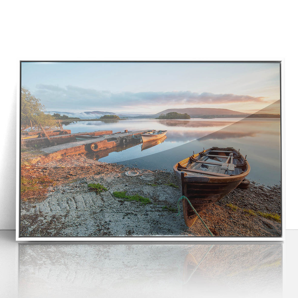Mid-century modernist art depicting a serene Irish landscape in muted green and blue tones on a framed acrylic.